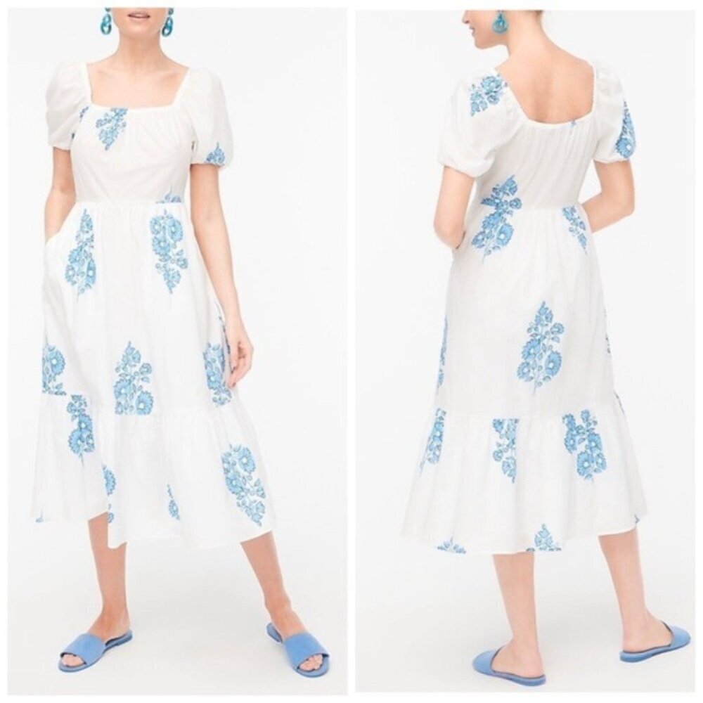J. Crew White Blue Floral Puff-Sleeve Tiered Sz 8 Midi Dress NWT